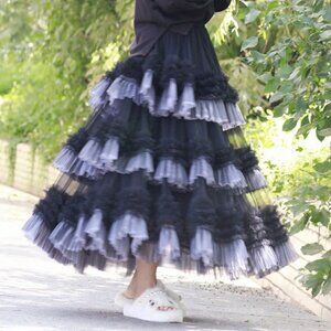 Black & Grey Tiered Mesh Tulle Skirt NEW Layered Cake Dance Fall Fashion Size xl